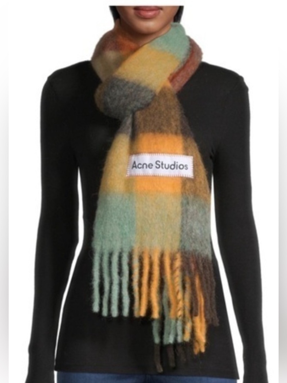 Acne Studios Scarf Vally Plaid Alpaca Wool Mohair Brown Multi Color Fringed NWT
